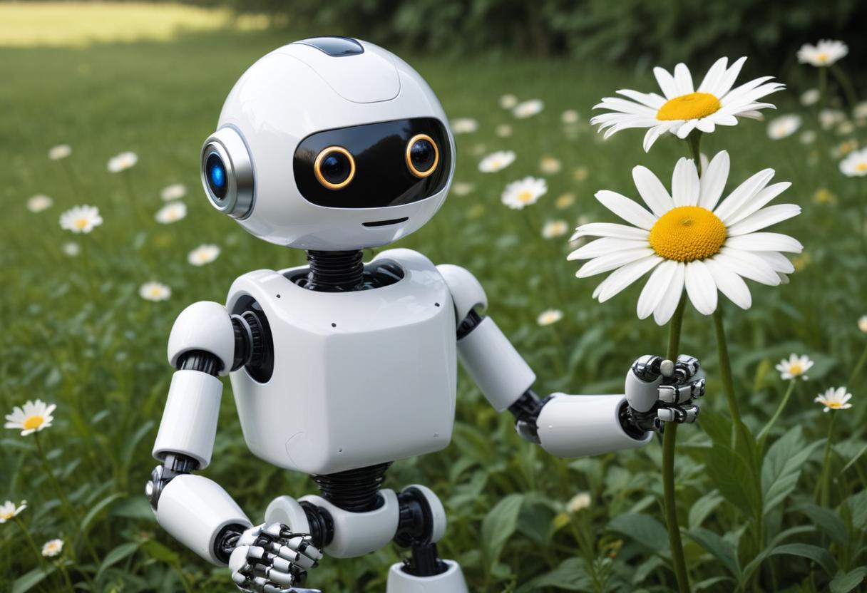 Robot holding daisy in grass Robot holding daisy in grass