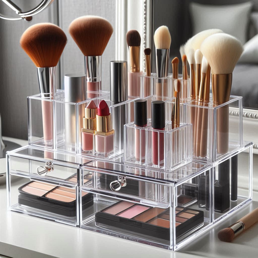 Acrylic makeup organizer with brushes and lipsticks Acrylic makeup organizer with brushes and lipsticks