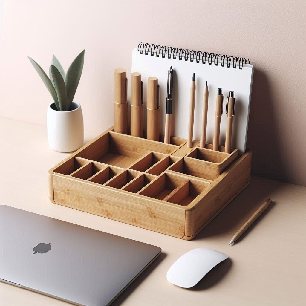 Bamboo desk organizer with pens and notebook Bamboo desk organizer with pens and notebook