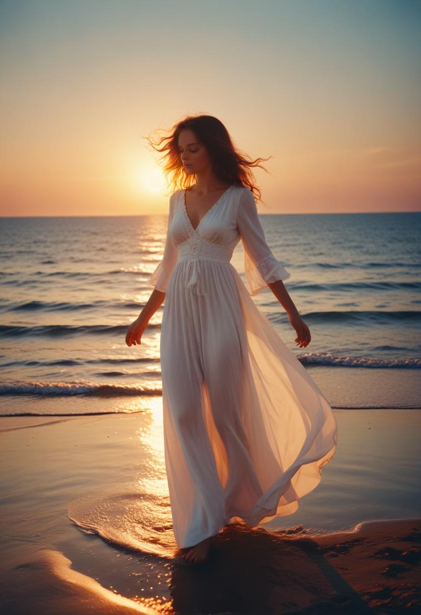 Woman walking on beach at sunset Woman walking on beach at sunset