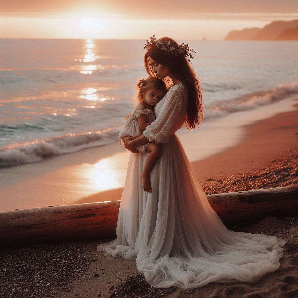 Mother and daughter embrace at sunset beach Mother and daughter embrace at sunset beach