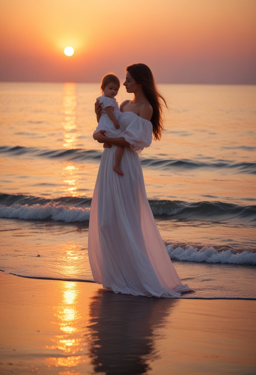 Mother and daughter sunset beach Mother and daughter sunset beach