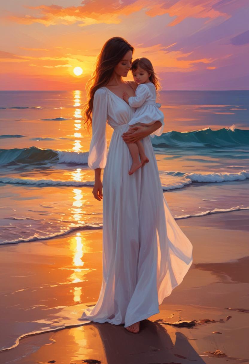 Mother and daughter at sunset beach Mother and daughter at sunset beach