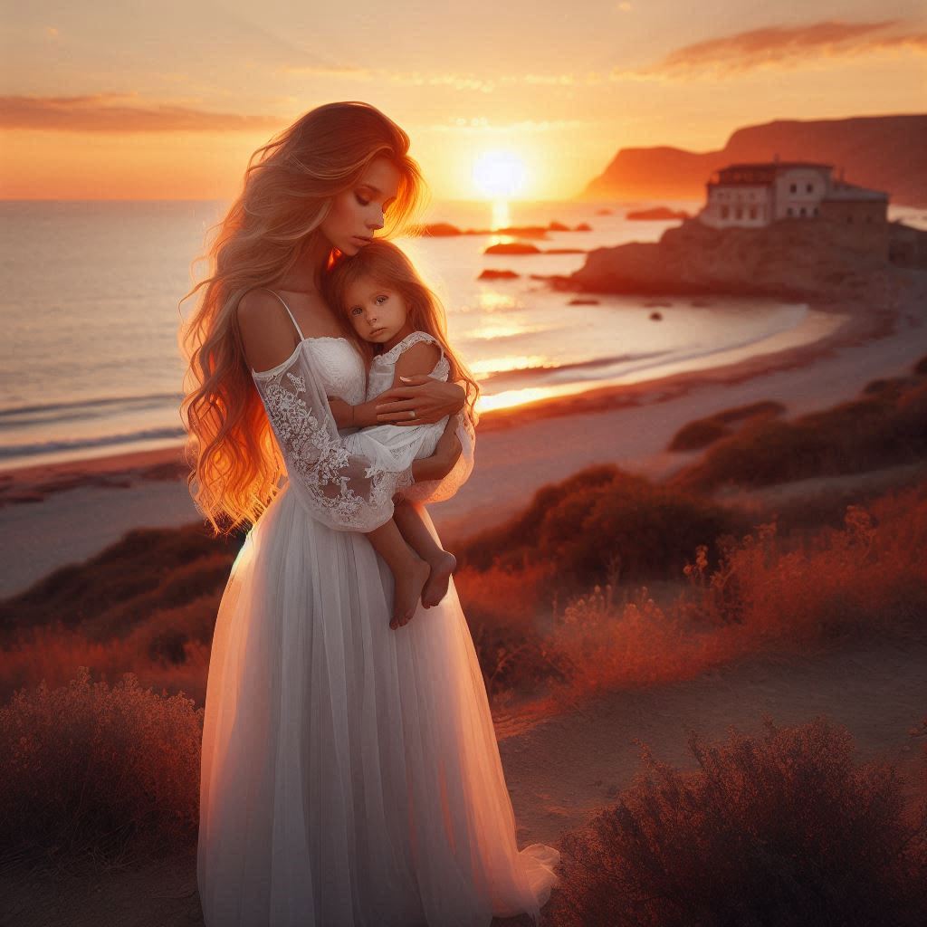 Mother and daughter sunset embrace Mother and daughter sunset embrace