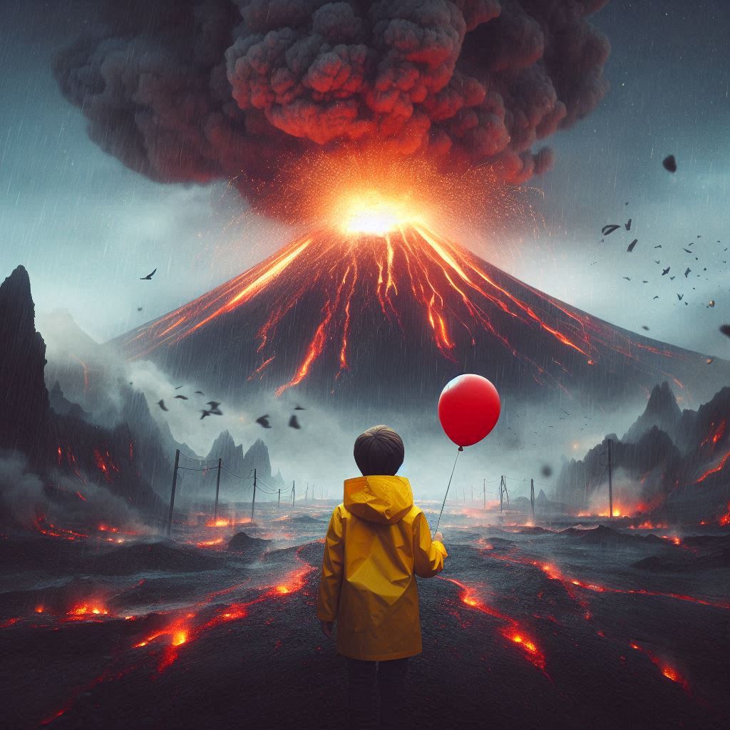 Child facing erupting volcano Child facing erupting volcano