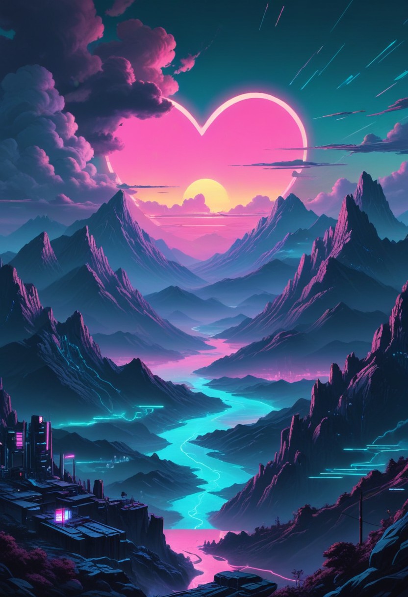 Heart sunset over mountains and river Heart sunset over mountains and river
