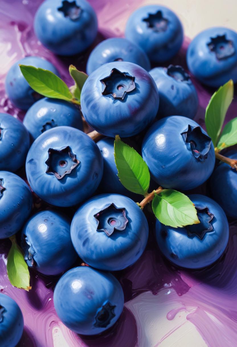 Blueberries with green leaves on purple background Blueberries with green leaves on purple background