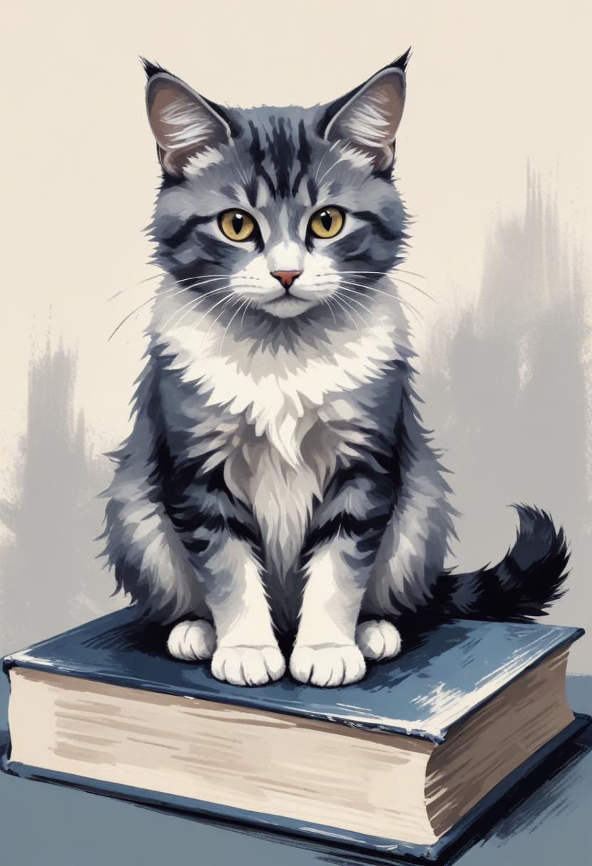 Gray tabby cat sitting on book Gray tabby cat sitting on book