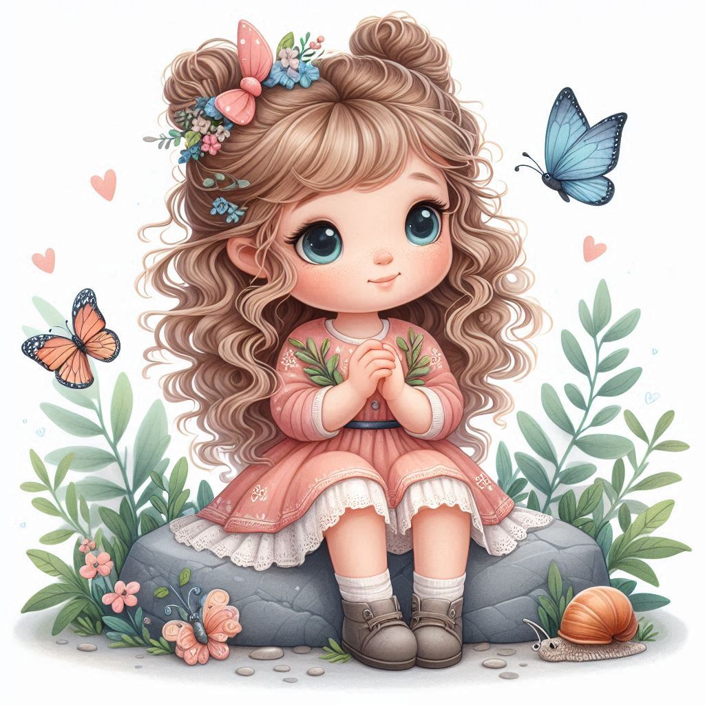 Girl sitting on rock with butterflies Girl sitting on rock with butterflies