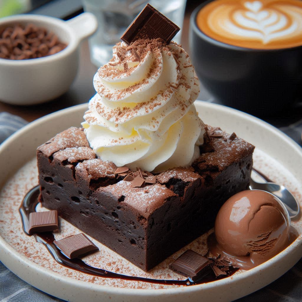 Chocolate brownie sundae with whipped cream Chocolate brownie sundae with whipped cream