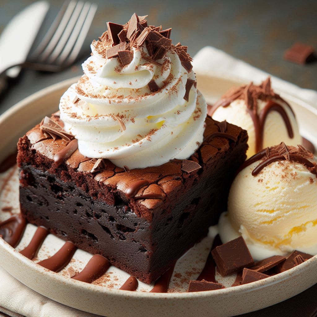 Chocolate brownie with whipped cream and ice cream Chocolate brownie with whipped cream and ice cream
