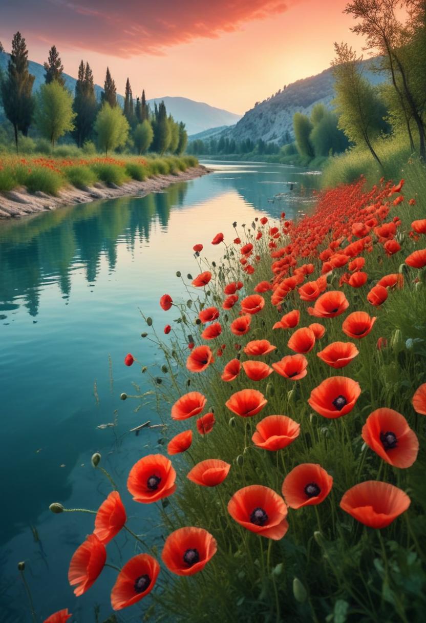 Sunset river with poppies Sunset river with poppies