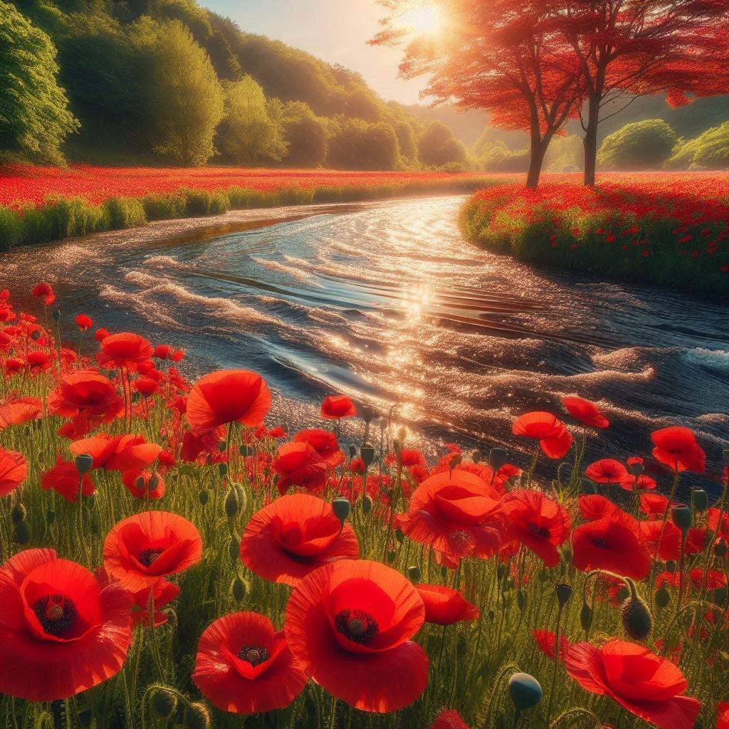 River through poppy field at sunset River through poppy field at sunset