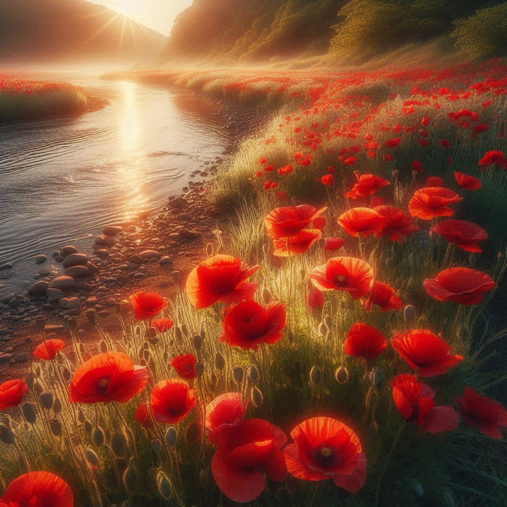 Poppy field by a river at sunrise Poppy field by a river at sunrise
