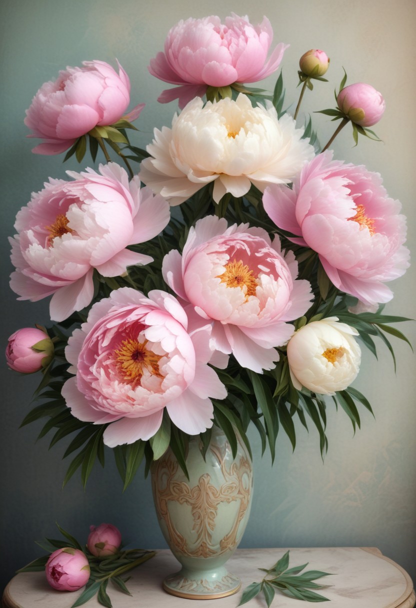 Pink peonies in a vase on a table Pink peonies in a vase on a table