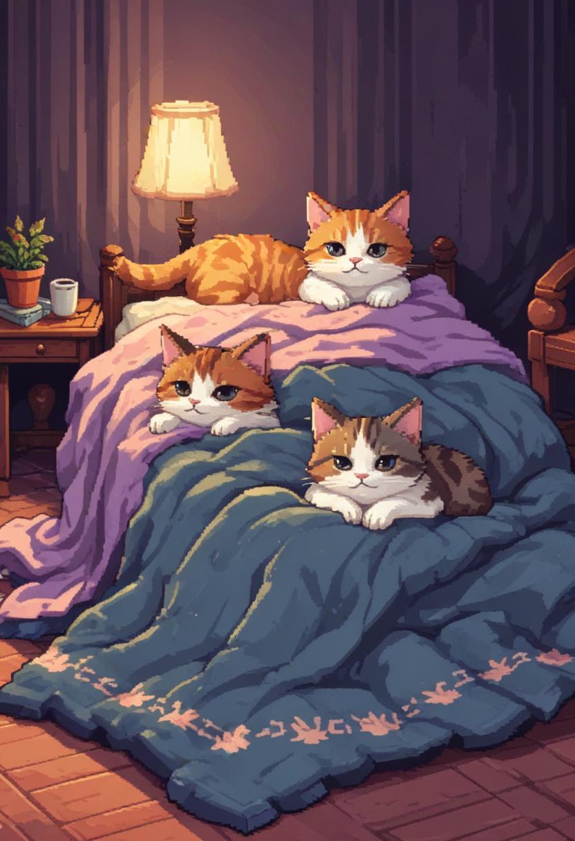Three cats cozy up in bed at night Three cats cozy up in bed at night