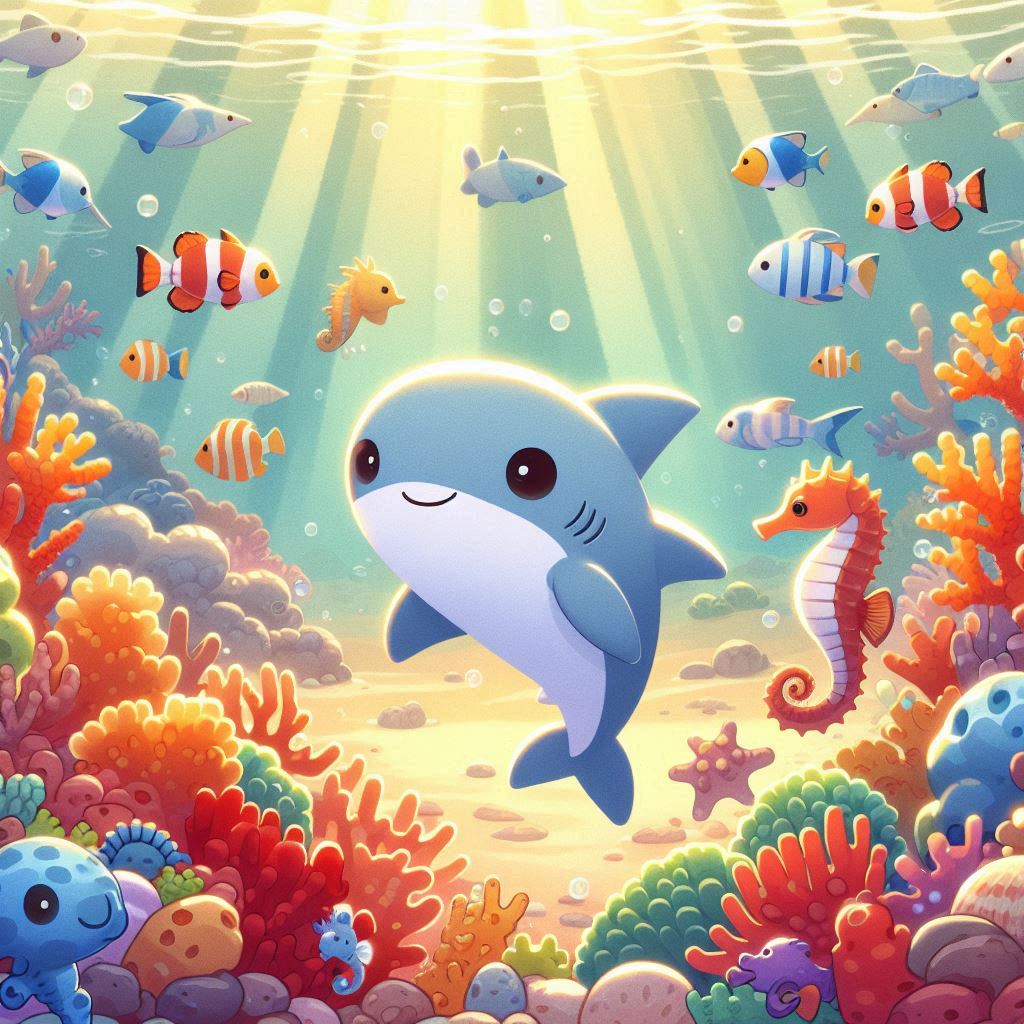 Cartoon shark in coral reef Cartoon shark in coral reef