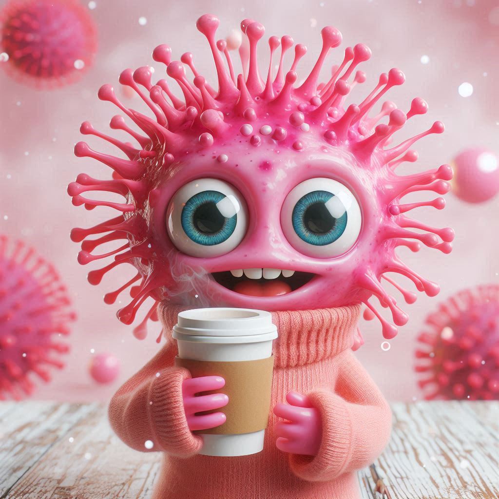 Pink virus character holding coffee Pink virus character holding coffee