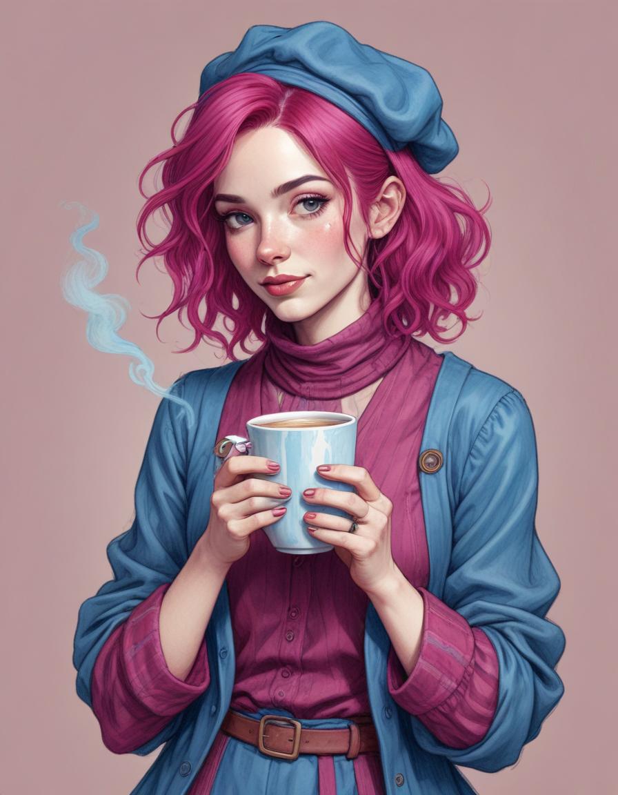 Woman with pink hair drinks coffee Woman with pink hair drinks coffee