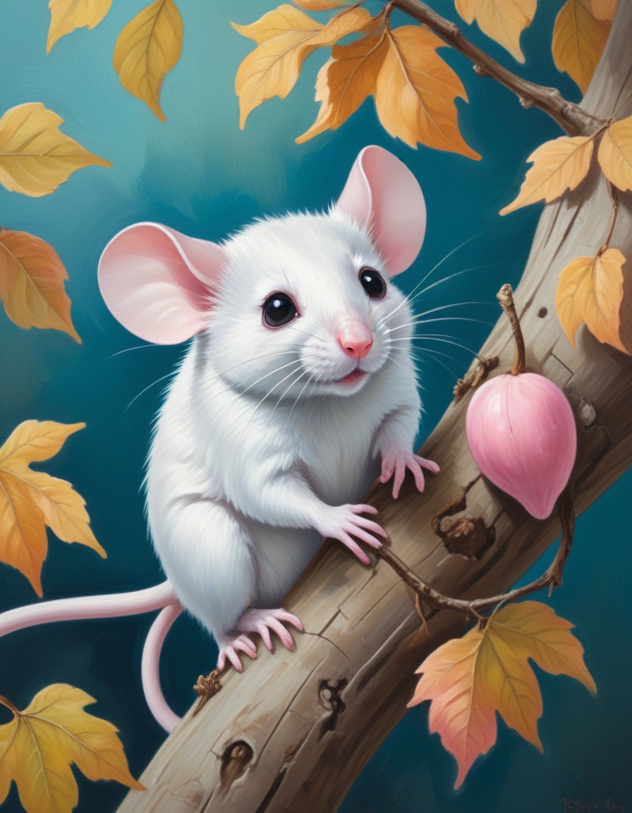 White mouse on branch in autumn White mouse on branch in autumn