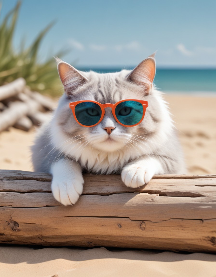 Cat in sunglasses on beach log Cat in sunglasses on beach log