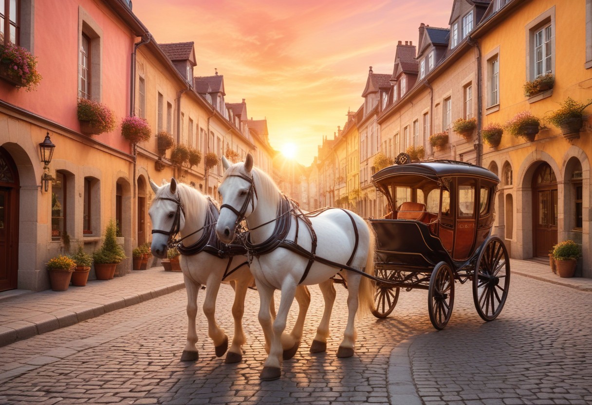Horse-drawn carriage at sunset in europe Horse-drawn carriage at sunset in europe
