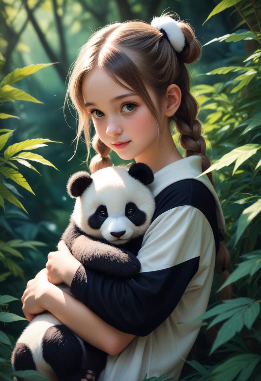 Girl holding panda in forest Girl holding panda in forest
