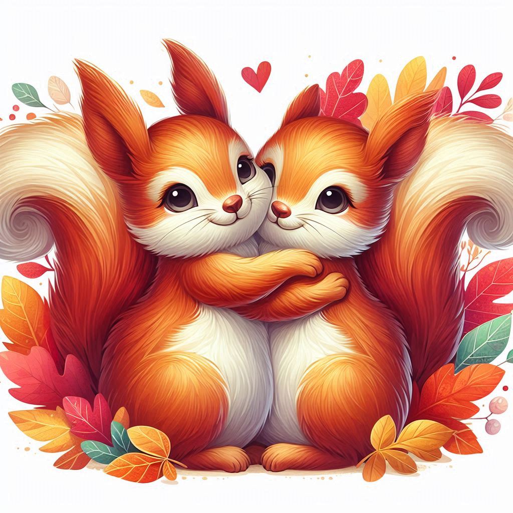 Two squirrels hugging in autumn Two squirrels hugging in autumn