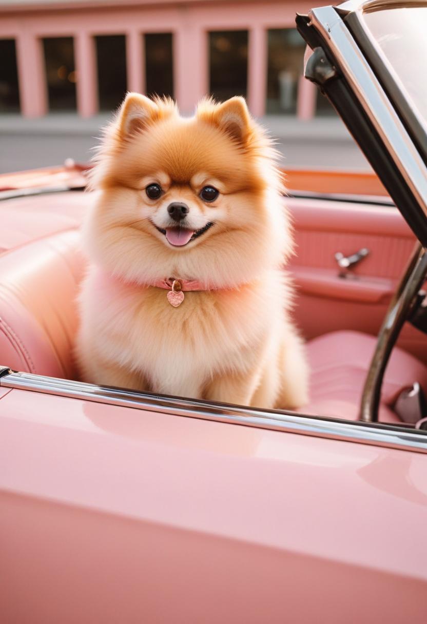 Pomeranian dog riding in pink convertible Pomeranian dog riding in pink convertible