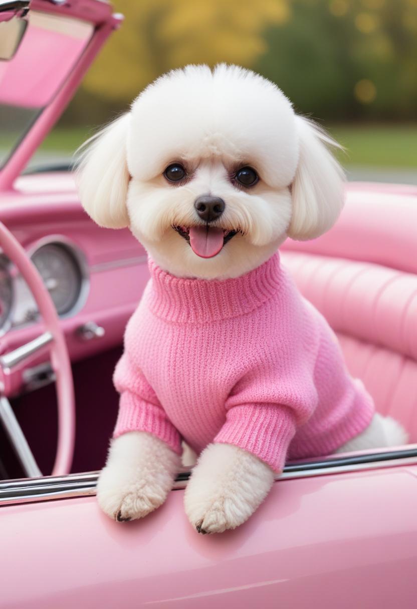 White poodle in pink car White poodle in pink car