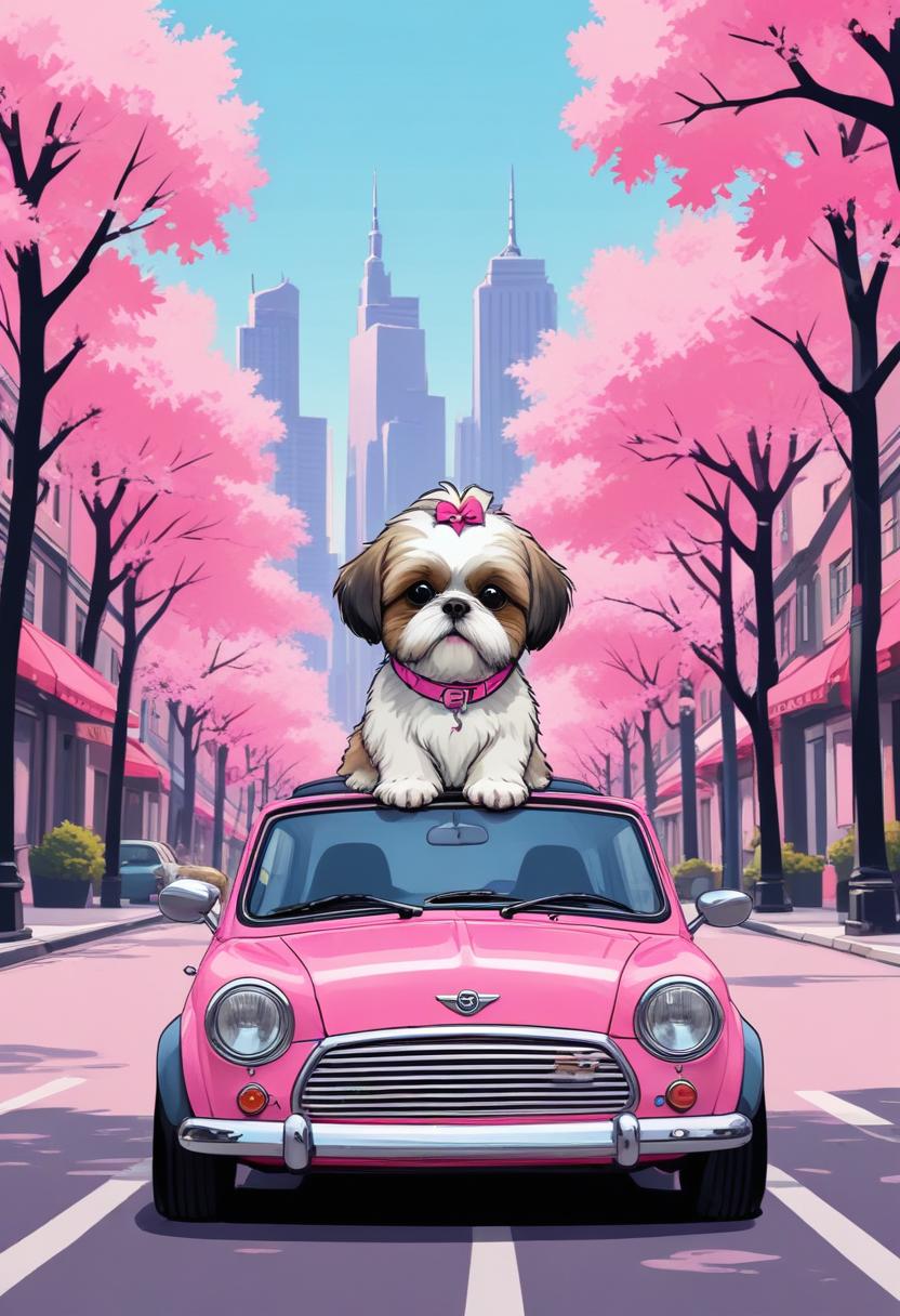 Shih tzu riding in pink car Shih tzu riding in pink car