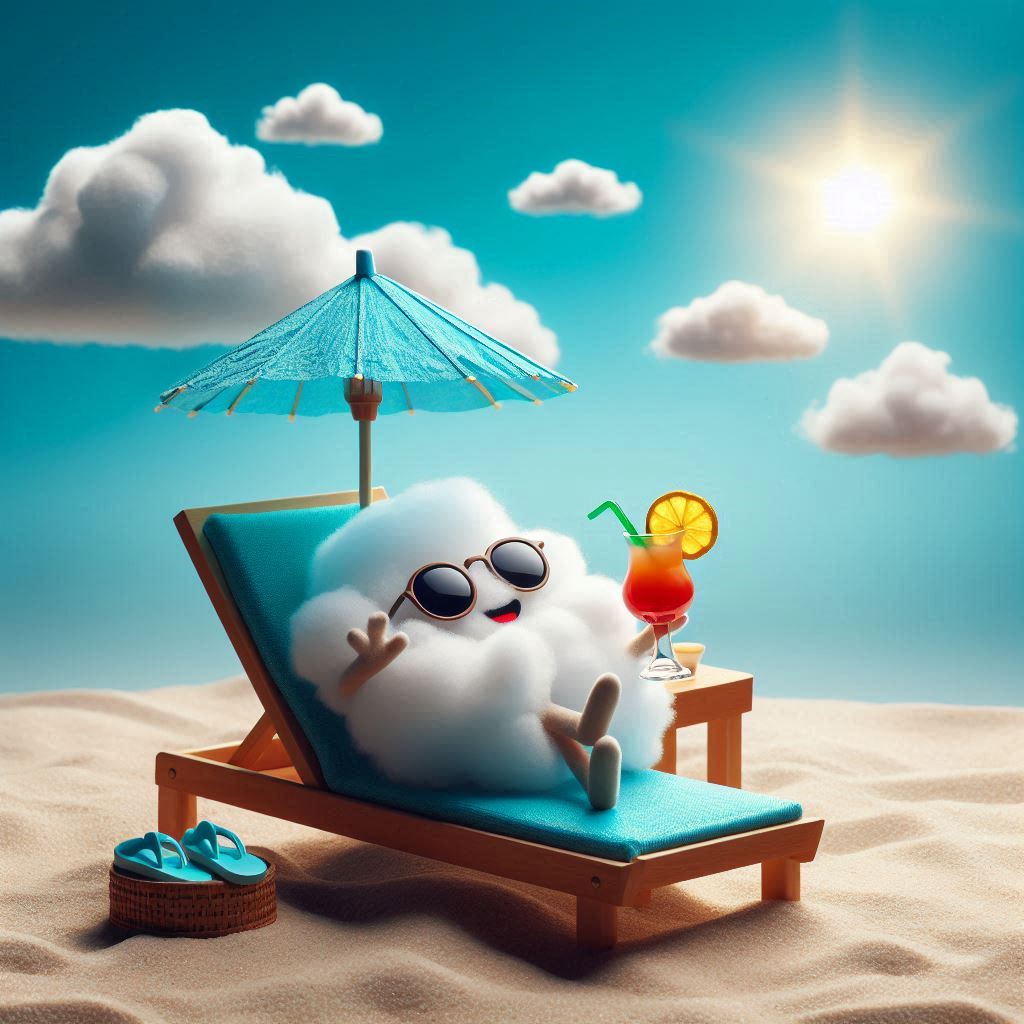 Cloud lounging on beach with cocktail Cloud lounging on beach with cocktail