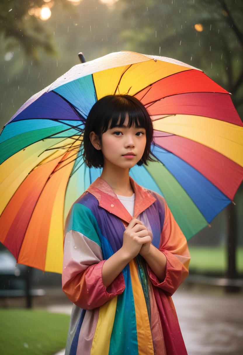 Girl with rainbow umbrella in rain Girl with rainbow umbrella in rain