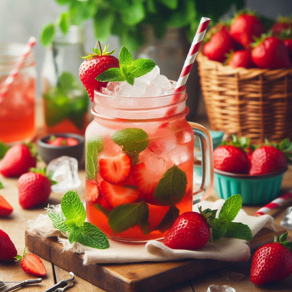 Strawberry mint iced drink on wooden table Strawberry mint iced drink on wooden table