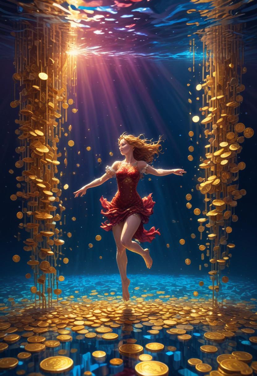 Woman dancing underwater with falling coins Woman dancing underwater with falling coins