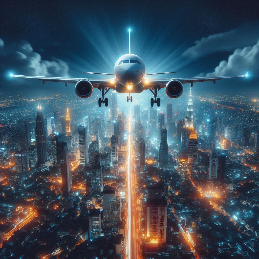 Airplane landing over city at night Airplane landing over city at night