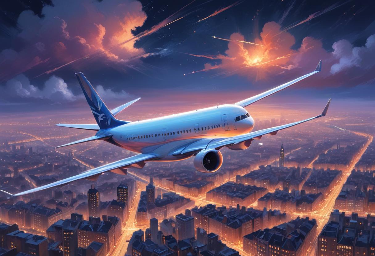 Airplane flying over city at sunset Airplane flying over city at sunset