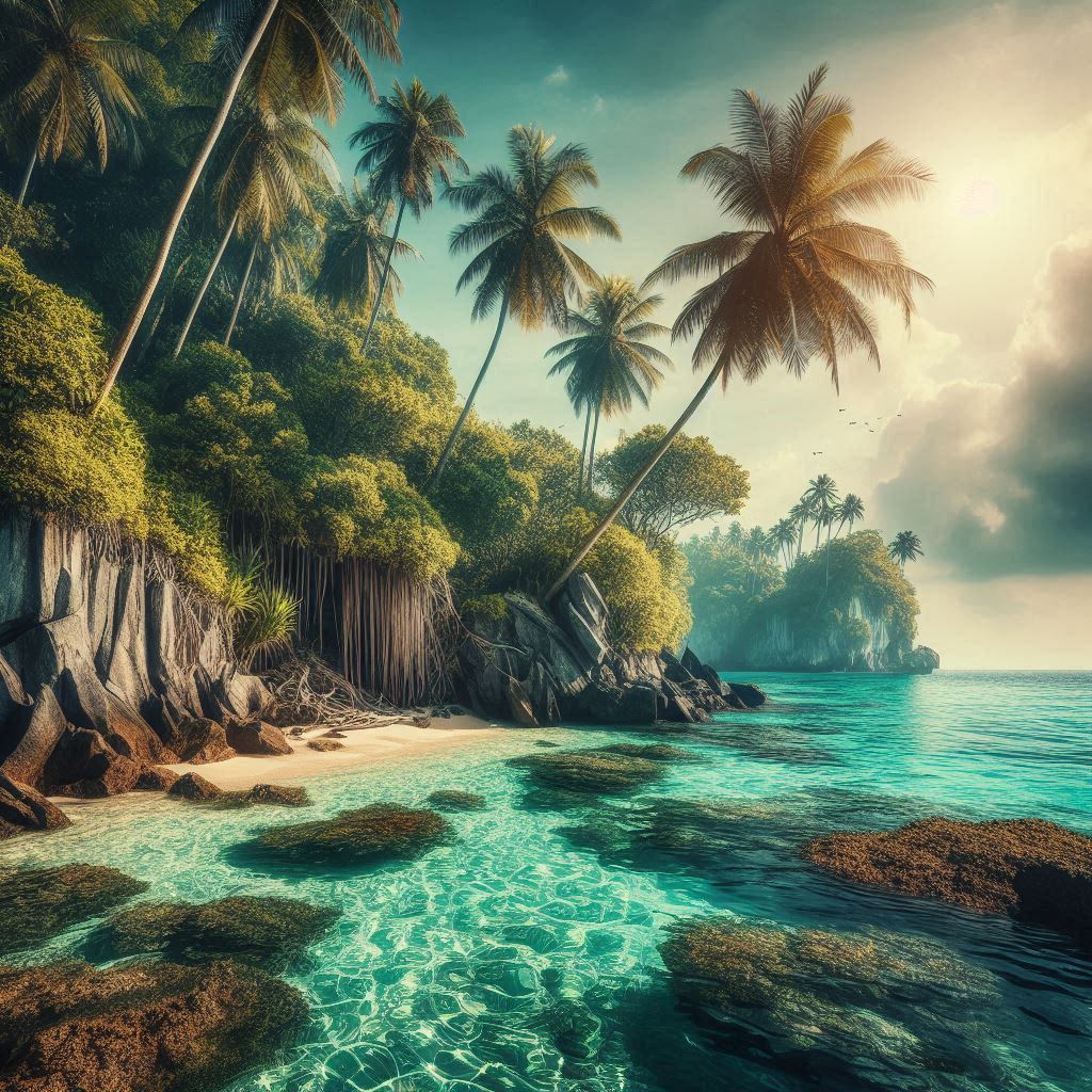 Tropical beach scene at sunset Tropical beach scene at sunset