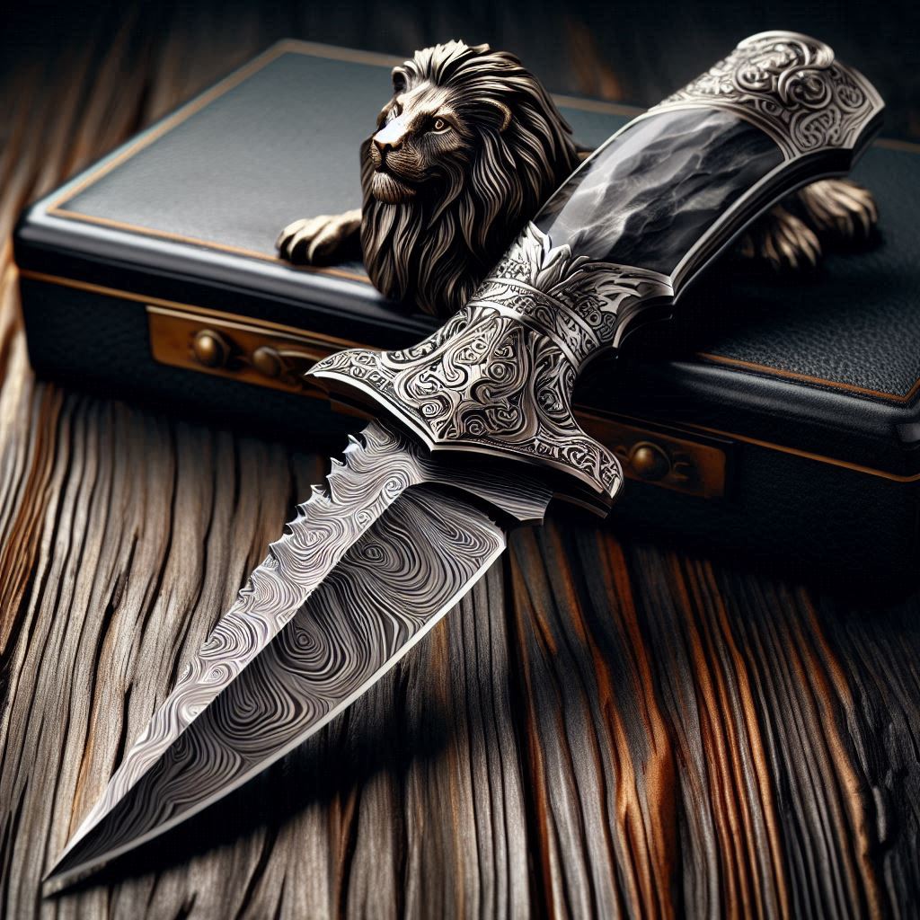 Ornate dagger on wooden surface Ornate dagger on wooden surface