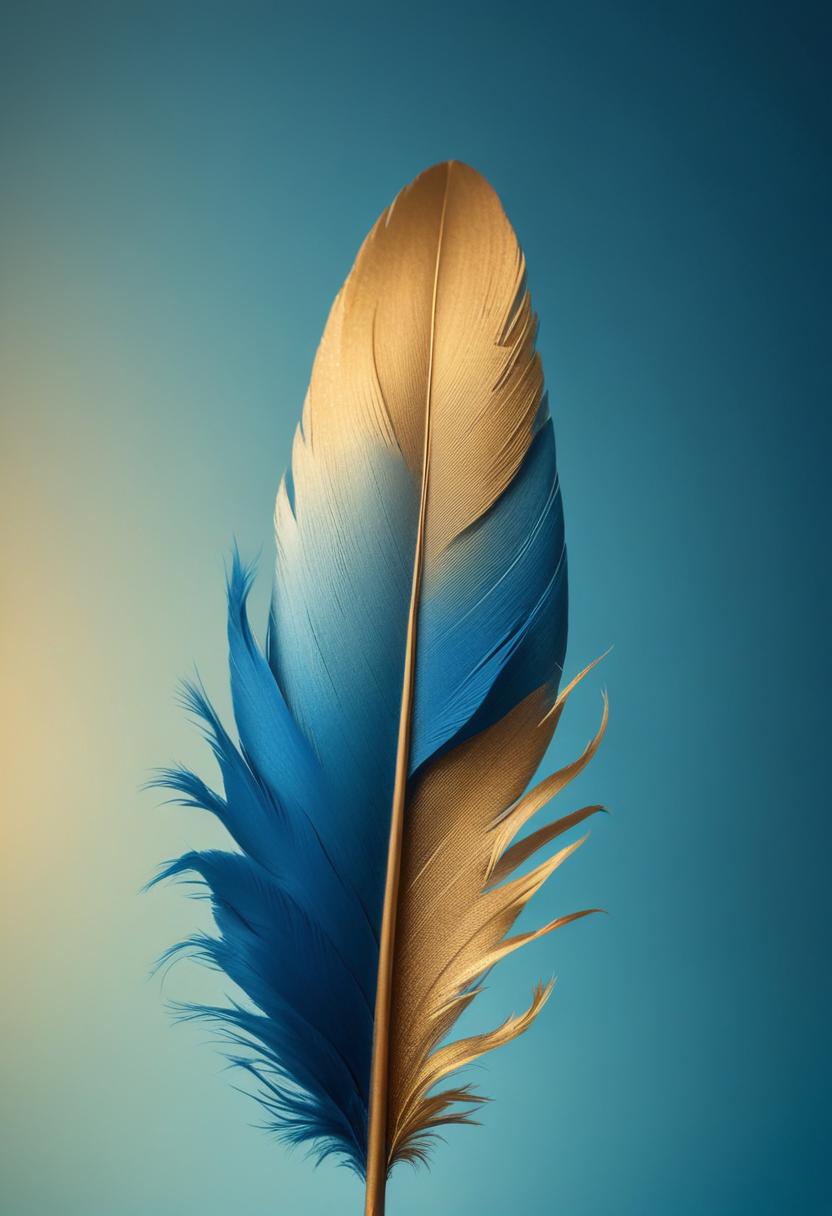 Blue and gold feather against sky Blue and gold feather against sky