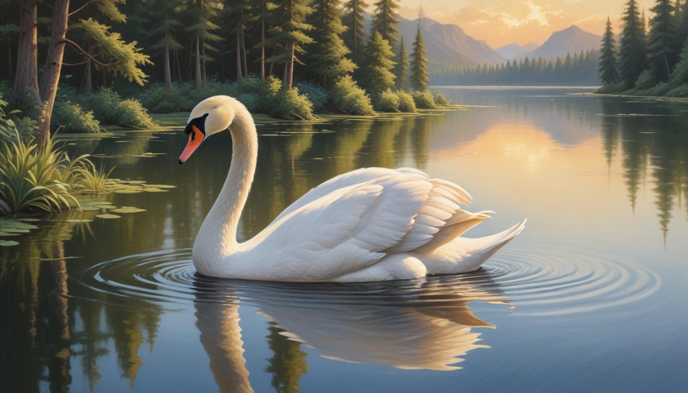 Swan swimming in mountain lake at sunset Swan swimming in mountain lake at sunset