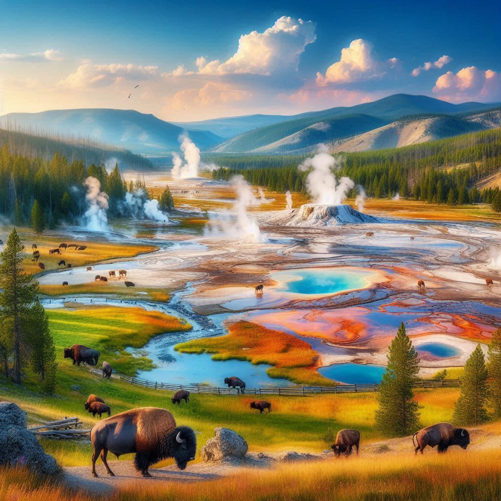 Bison grazing near geysers in yellowstone Bison grazing near geysers in yellowstone