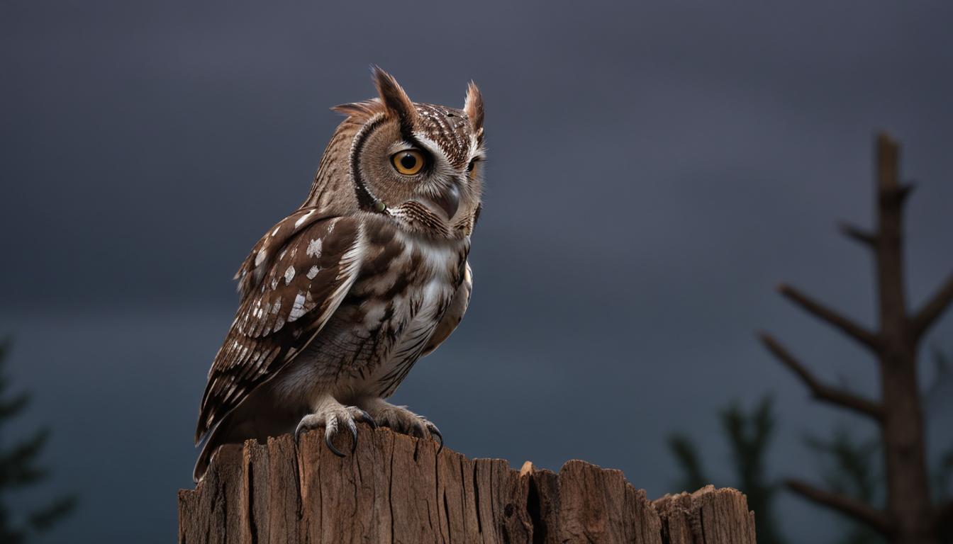 Owl perched on a stump at dusk Owl perched on a stump at dusk