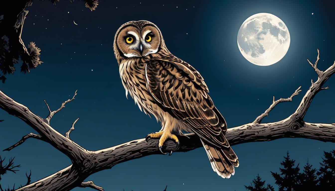 Owl perched on branch under full moon Owl perched on branch under full moon