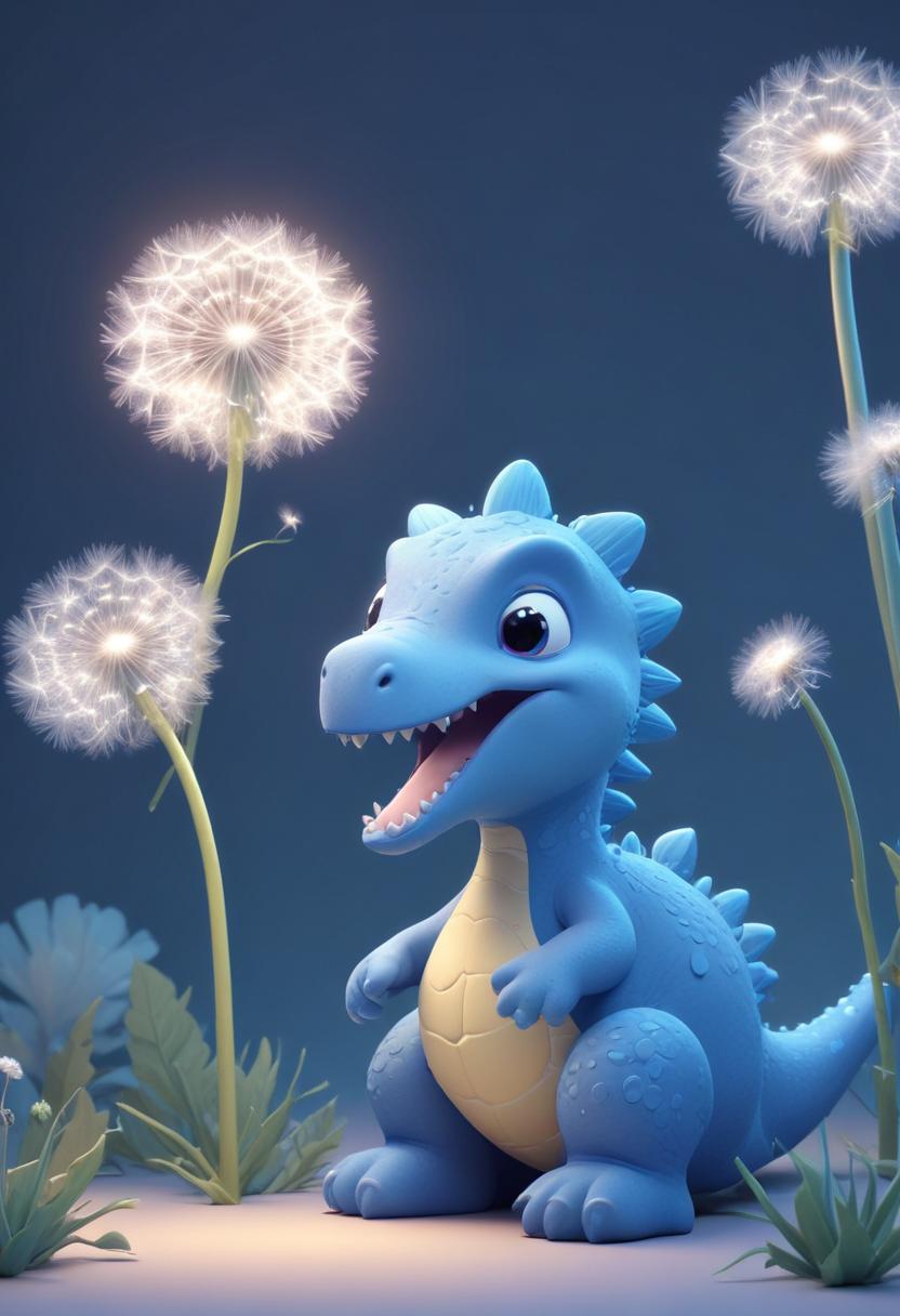 Blue dinosaur and dandelions Blue dinosaur and dandelions