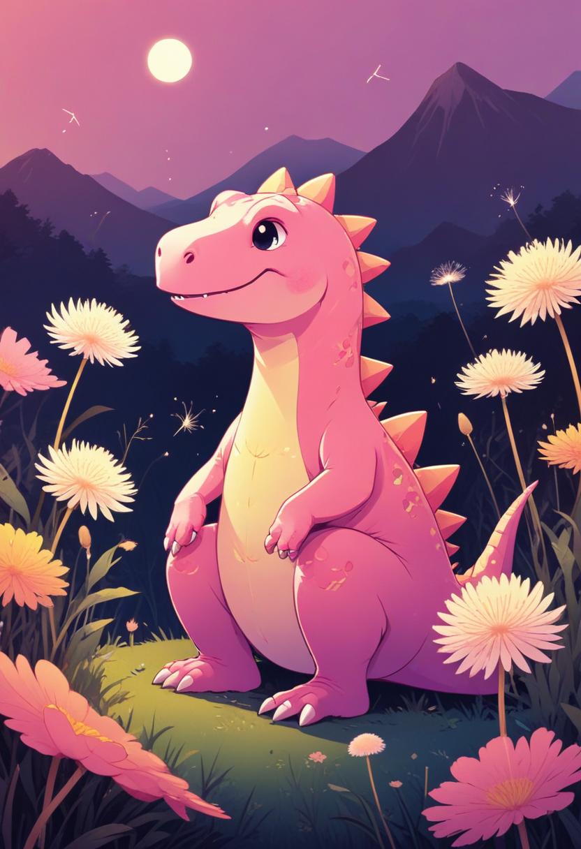 Pink dinosaur in flower field at dusk Pink dinosaur in flower field at dusk