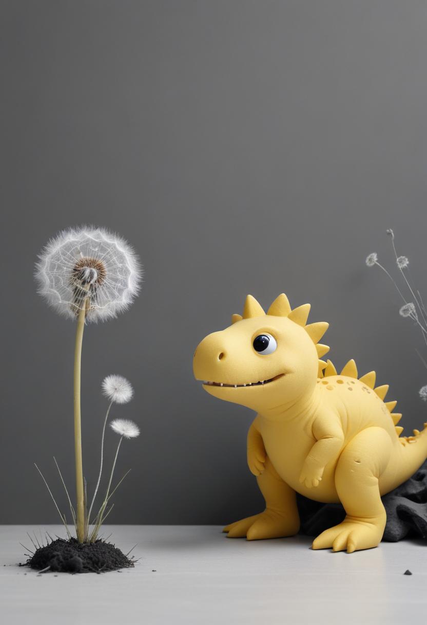 Yellow dinosaur looking at dandelion Yellow dinosaur looking at dandelion