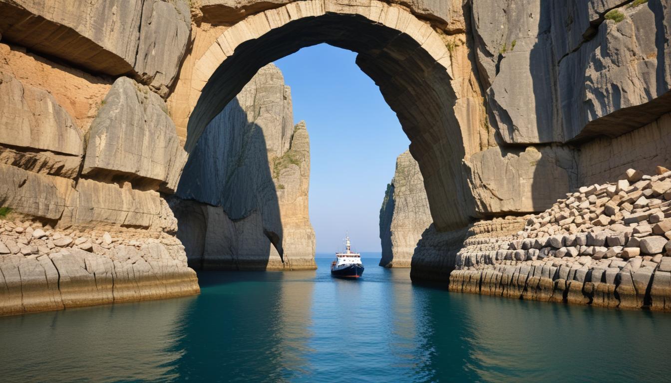 Boat sailing through rock archway Boat sailing through rock archway