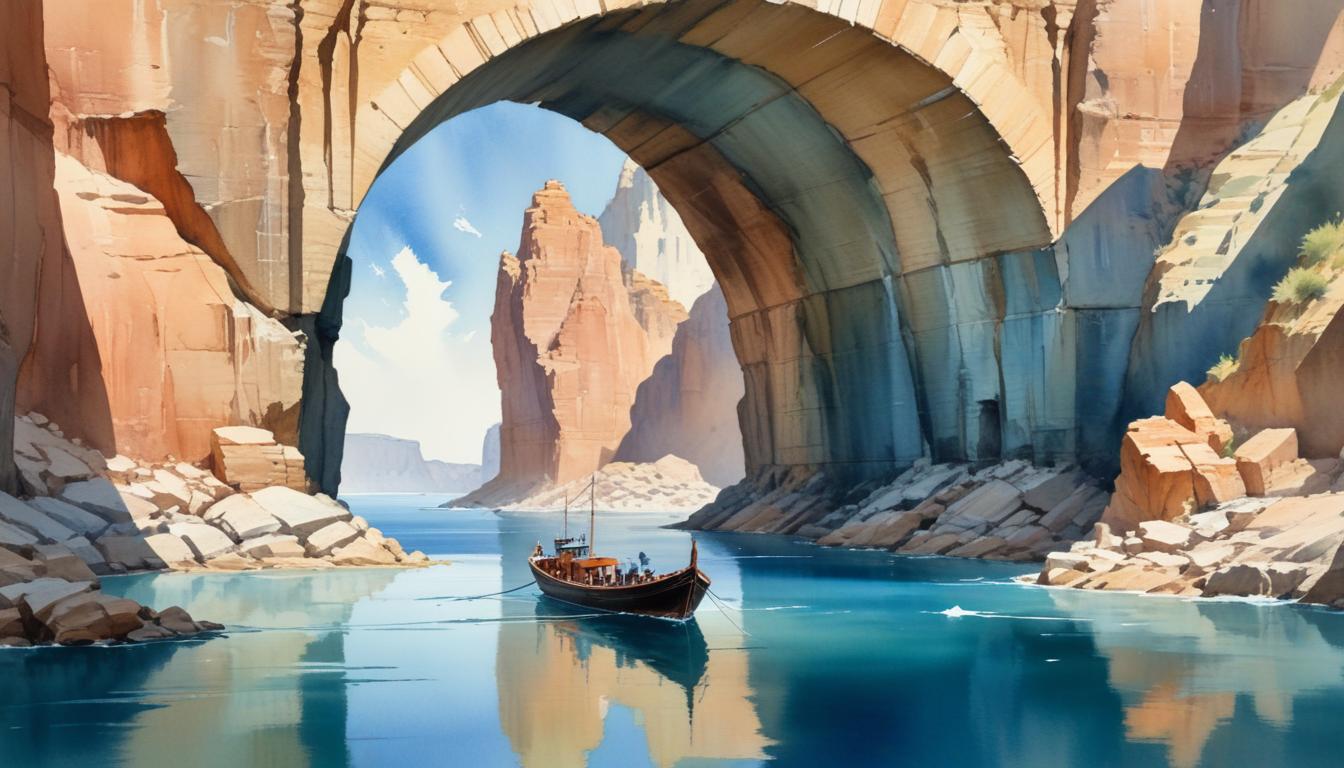 Boat traveling through canyon archway Boat traveling through canyon archway