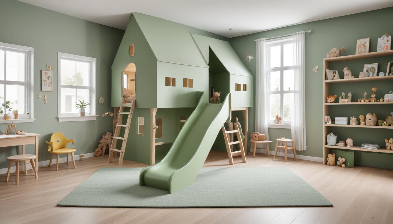 Playroom with wooden playhouse and slide Playroom with wooden playhouse and slide